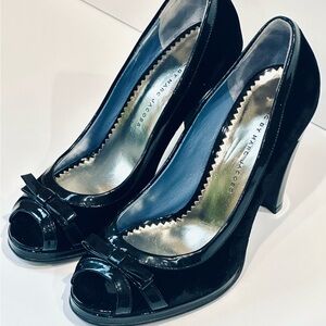 Marc By Marc Jacobs Black Velvet & Patent Leather Bow Peep Toe Classic Pumps